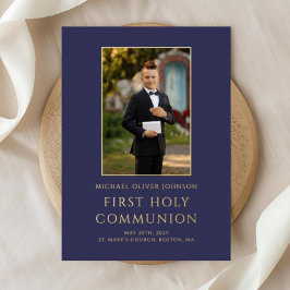 Modern Navy Blue Foto Junge Erste Kommune Gold Folieneinladung