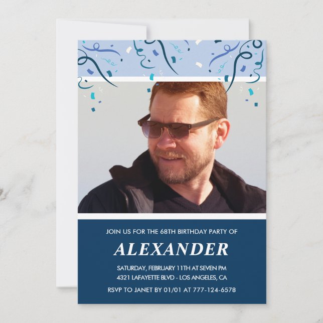 Modern Navy Blue Foto Man 68. Geburtstag Einladung (Vorderseite)