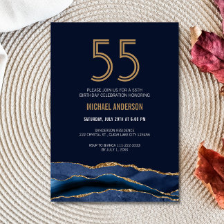 Modern Navy Blue Gold Agate 55. Geburtstagsparty Einladung