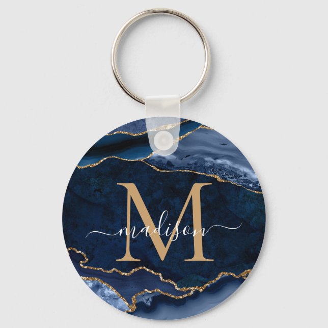 Modern Navy Blue Gold Agate Geode Girl Monogram Schlüsselanhänger (Vorderseite)