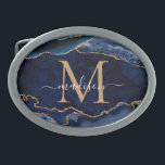 Modern Navy Blue Gold Agate Geode Girl Monogramm Ovale Gürtelschnalle<br><div class="desc">Modern Glam Navy Blue Gold Glitzer Sparkle Agate Geode Gemstone Elegante Feminine Monogram Script Name Gürtel Schnalle</div>