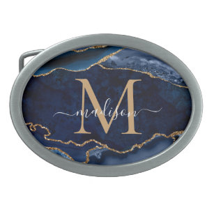 Modern Navy Blue Gold Agate Geode Girl Monogramm Ovale Gürtelschnalle