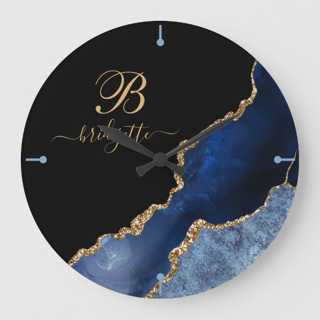 Modern Navy Blue Gold Agate Geode Monogram Große Wanduhr (Vorderseite)