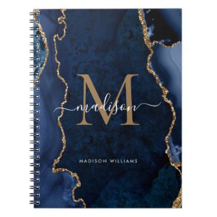 Modern Navy Blue Gold Agate Geode Monogramm Notizblock