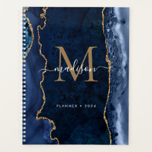 Modern Navy Blue Gold Agate Geode Monogramm Planer