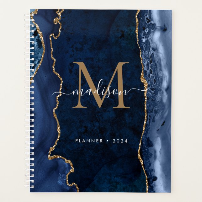 Modern Navy Blue Gold Agate Geode Monogramm Planer (Vorderseite)