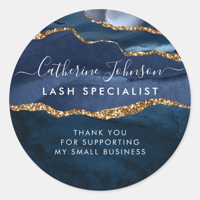 Modern Navy Blue Gold Agate Geode Script Vielen Da Runder Aufkleber (Vorderseite)