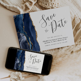 Modern Navy Blue Gold Agate Save the Date Card Einladung