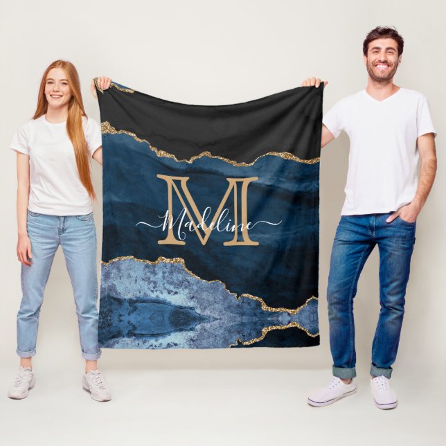 Modern Navy Blue Gold Black Monogram Script Fleecedecke (Beispiel)