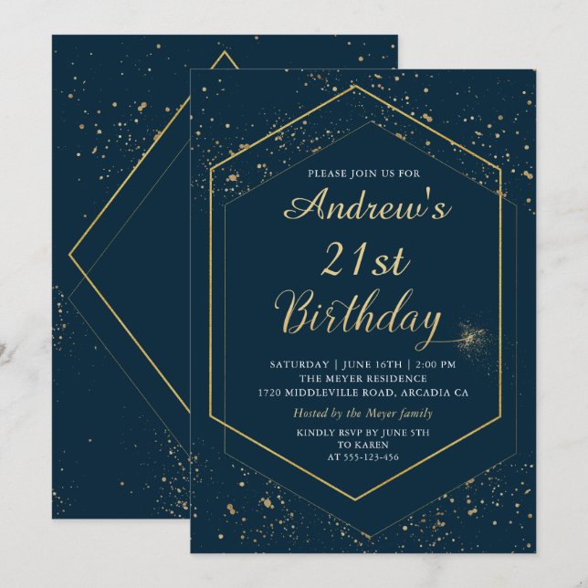 Modern Navy Blue Gold Geometric Birthday Einladung (Vorne/Hinten)