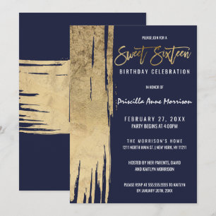 Modern Navy Blue Gold Simple Brushstrokes Sweet 16 Einladung