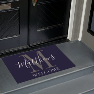 Modern Navy Blue Grey Monogram Newlyweds Wedding Fußmatte
