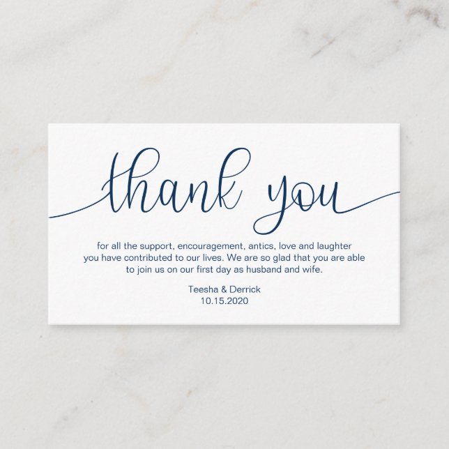 Modern Navy Blue Hand Lettered, Wedding Danke Begleitkarte (Vorderseite)