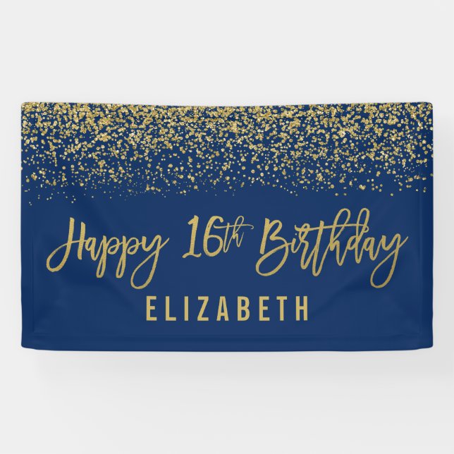 Modern Navy Blue Imitats Gold Glitzer 16. Geburtst Banner (Horizontal)