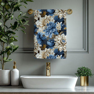 Modern Navy Blue Ivory Gold Floral Bath Towel Badhandtuch Set