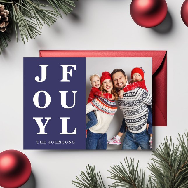 Modern Navy Blue Joyful Ein Foto Weihnachten (Modern Navy Blue Joyful One Photo Christmas Holiday Card)