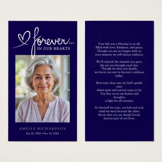 Modern Navy Blue Memorial Prayer Photo Card (Vorne & Hinten)