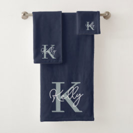 Modern Navy Blue Monogram Script Badhandtuch Set