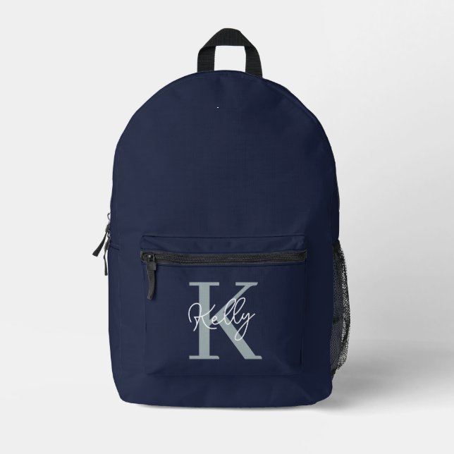 Modern Navy Blue Monogram Script Bedruckter Rucksack (Vorderseite)