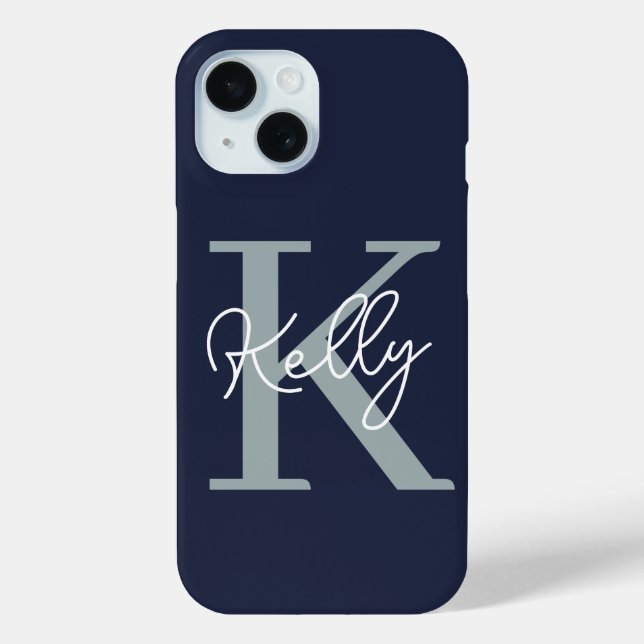 Modern Navy Blue Monogram Script Case-Mate iPhone Hülle (Rückseite)