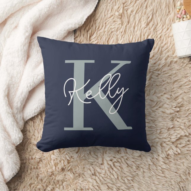 Modern Navy Blue Monogram Script Kissen (Decke)