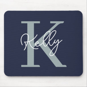 Modern Navy Blue Monogram Script Mousepad