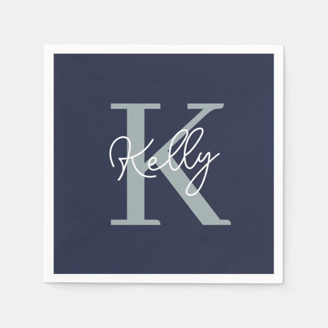 Modern Navy Blue Monogram Script Serviette (Vorderseite)