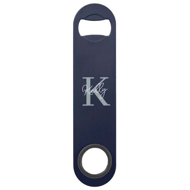 Modern Navy Blue Monogram Script Speed Flaschenöffner (Vorderseite)