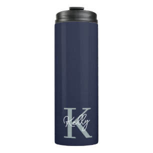 Modern Navy Blue Monogram Script Thermosbecher