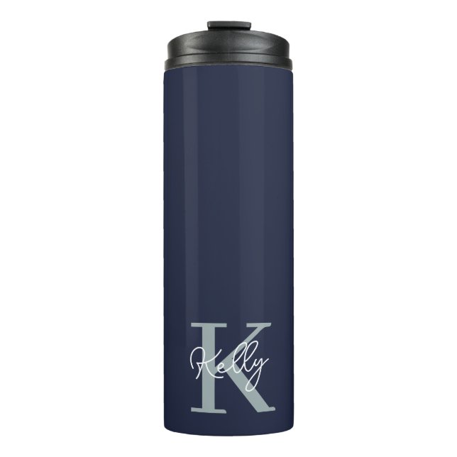Modern Navy Blue Monogram Script Thermosbecher (Vorderseite)