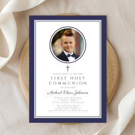 Modern Navy Blue Photo Boy First Communion Einladung