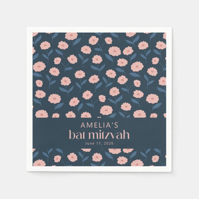 Modern Navy Blue Pink Boho Floral Bat Mitzvah Serviette (Vorderseite)
