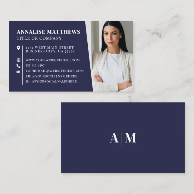 Modern Navy Blue Professional Photo Visitenkarte (Vorne/Hinten)