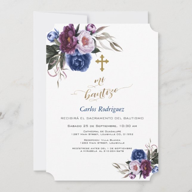 Modern Navy Blue Purple Flowers Boy Mi Bautizo Einladung (Vorderseite)