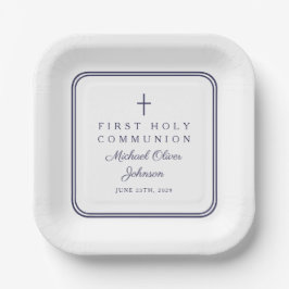 Modern Navy Blue Religious Boy First Communion Pappteller