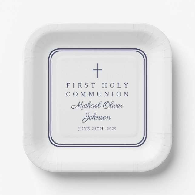 Modern Navy Blue Religious Boy First Communion Pappteller (Vorderseite)
