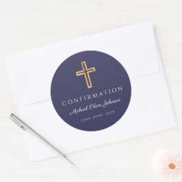 Modern Navy Blue Religious Cross Boy Confirmation Runder Aufkleber