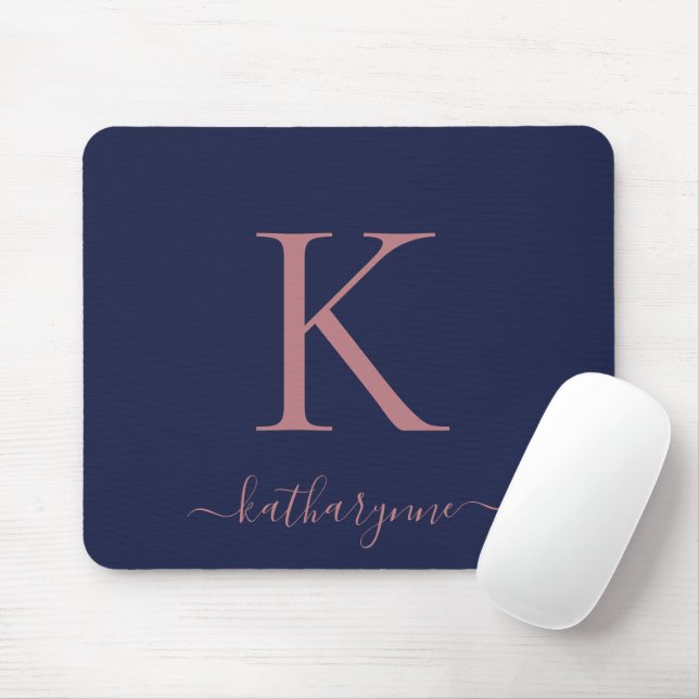 Modern Navy Blue Rose Gold Monogram Script Mousepad (Mit Mouse)
