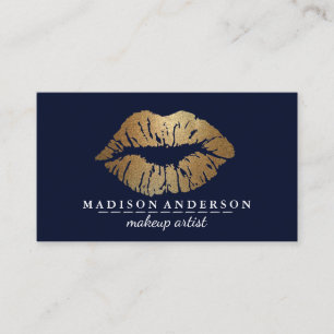 Modern Navy Blue Salon Gold Lips Makeup Artis Visitenkarte