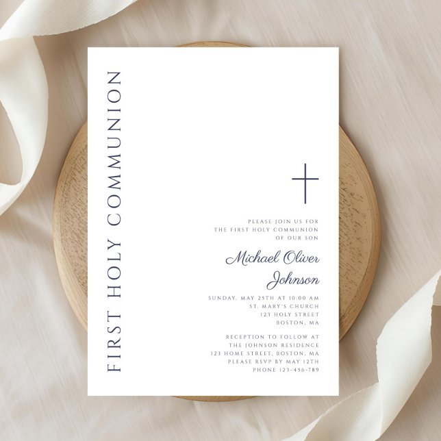Modern Navy Blue Script Erste Heilige Kommune Einladung (Modern Navy Blue Script First Holy Communion Invitation)