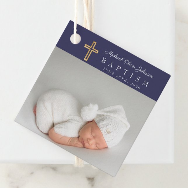Modern Navy Blue Script Foto Taufe Vielen Dank Geschenkanhänger (Modern Navy Blue Script Photo Baptism Thank You Favor Tags)