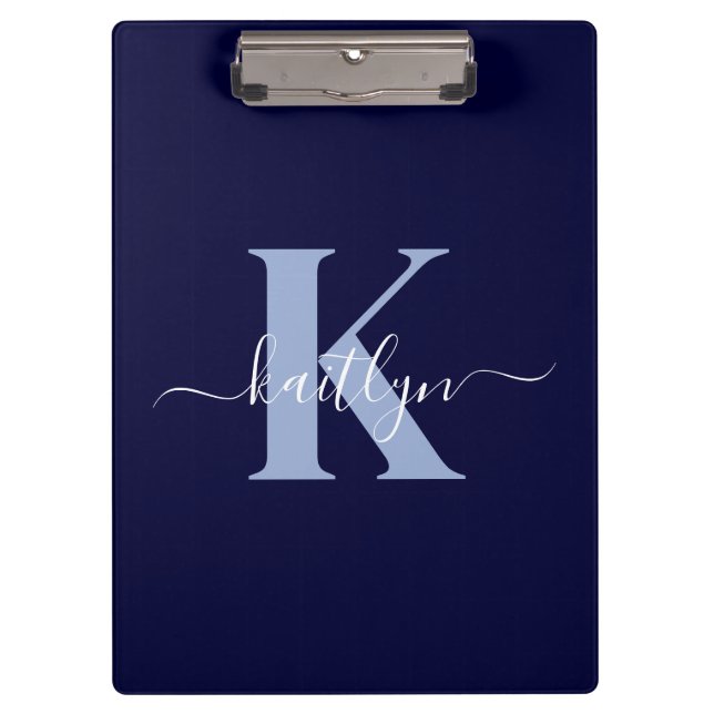 Modern Navy Blue Script Monogram Klemmbrett (Vorderseite)