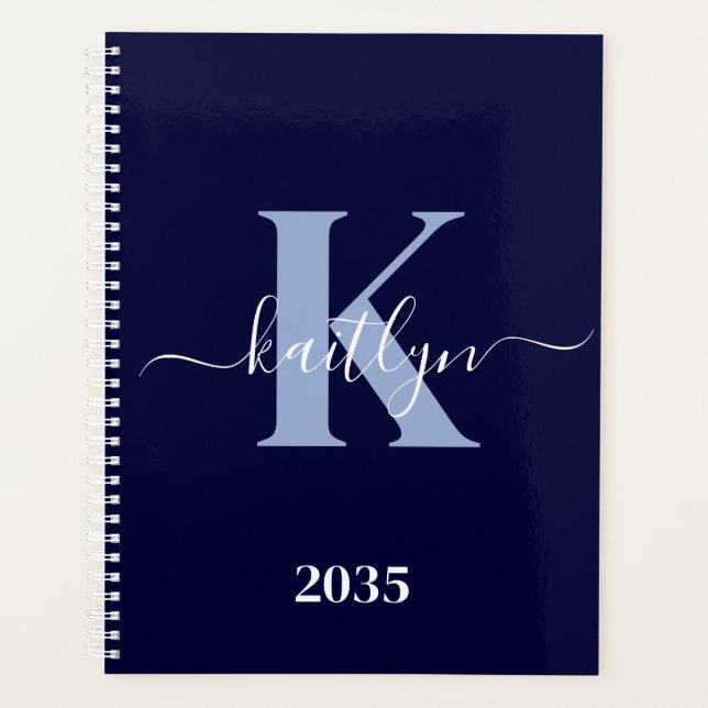 Modern Navy Blue Script Monogram Planer (Vorderseite)