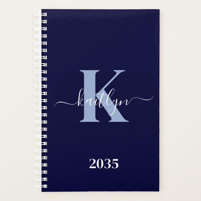 Modern Navy Blue Script Monogram Planer (Vorderseite)