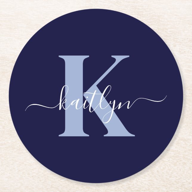 Modern Navy Blue Script Monogram Runder Pappuntersetzer (Vorderseite)