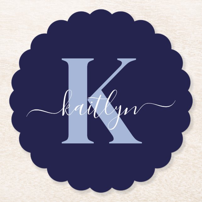 Modern Navy Blue Script Monogram Untersetzer (Vorderseite)