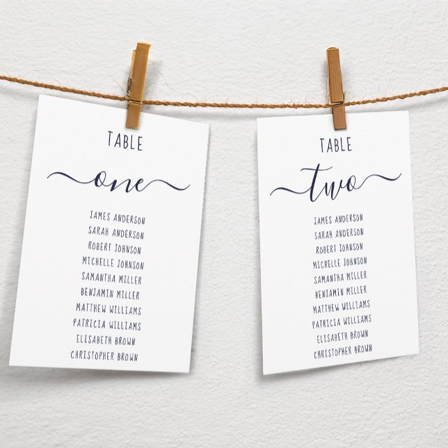 Modern  Navy Blue Script White Seating Chart Card (Von Creator hochgeladen)