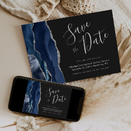 Modern Navy Blue Silver Agate Save the Date Card Einladung