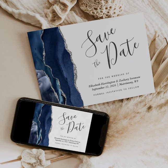 Modern Navy Blue Silver Agate Save the Date Card Einladung (Von Creator hochgeladen)