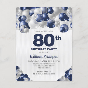 Modern Navy Blue Silver Glitzer Ballon Birthday Postkarte